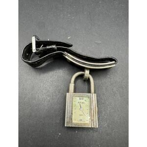 Vintage Futura Padlock Silver Tone Locket Watch W/ Black Leather Band Look